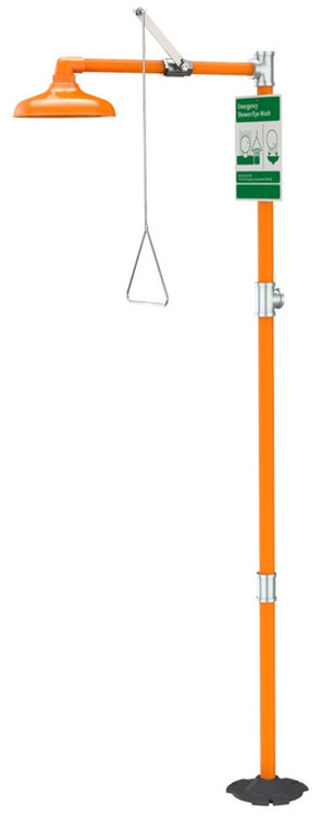 A photograph of an orange G1662 free-standing emergency shower.