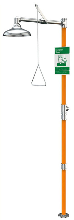 A photograph of a Guardian G1696 Emergency Shower, Free Standing, Stainless Steel Construction with orange pipe covers.