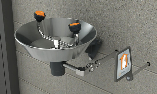 A photograph of a Guardian GFR1814 Freeze-Resistant Eyewash, Wall Mounted, Stainless Steel Bowl.