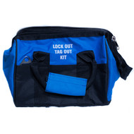 A photograph of a blue 07114 empty lockout duffel bags, with 3 sizes.