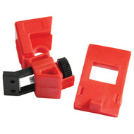 A photograph of a red 07121 120/277v clamp-on breaker lockout device and cover.