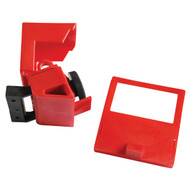 A photograph of a red 07122 480/600v clamp-on breaker lockout device with cover detached.