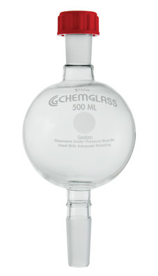 A photograph of a CG-1194-03 chromatography reservoir with 500 mL capacity and 24/40 Rodavis® joints.