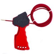 A photograph of a red 07139 zing cable lockout device with ergonomic grip and 6 foot steel cable.