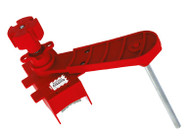 A photograph of a red 07141 zing ball valve lockout with large or small blocking arm.