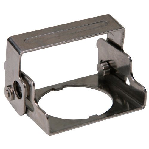 A photograph of a black 07150 emergency stop safety cover lockout device in closed position.