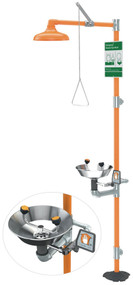A photograph of an orange G1902 safety station w/ eyewash and stainless steel bowl.