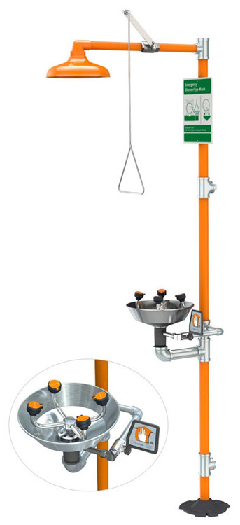 A photograph of an orange G1909 safety station with an inset picture showing the eye/face wash and stainless steel bowl.
