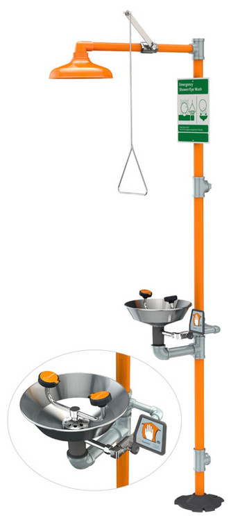A photograph of an orange G1950 safety station with an inset picture showing the eye/face wash and stainless steel bowl.