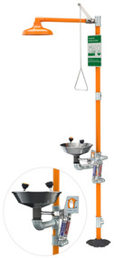 A picture of an orange G1942 safety station with an inset of the anti-scald and freeze protection valves.