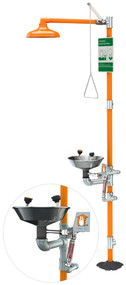 A picture of an orange G1943 safety station with an inset of the anti-scald protection valve.