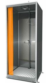 A photograph of a Guardian G2010 Front Entry Enclosure, All-Stainless Steel Eyewash and Shower Safety Stations w/ Bottom Drain.