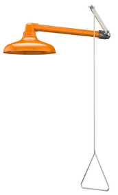 A photograph of an orange Guardian GBF1643 Barrier-Free Emergency Showers, Horizontally Mounted, Plastic Shower Head.