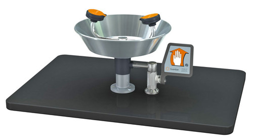 A photograph of a Guardian G1755 Eye/Face Wash, Deck Mounted, Stainless Steel Bowl mounted on a countertop (countertop not included).