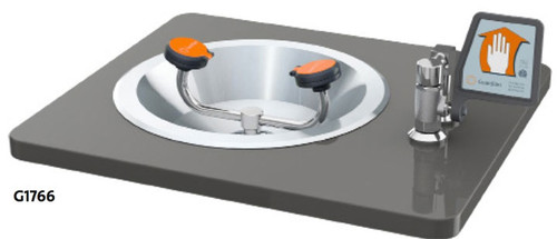 A photograph of a Guardian G1766 Eye/Face Wash, Recess Deck Mounted, Ball Valve with Flag Handle mounted on a countertop (countertop not included).