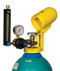 A photograph of a yellow 07200 justrite safety snap cap heavy-duty gas cylinder lockout device with padlock in open position on gas cylinder.