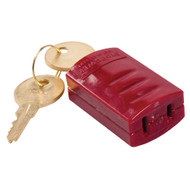 A photograph of a red 07205 stopower® 115 v keyed plug lockout.