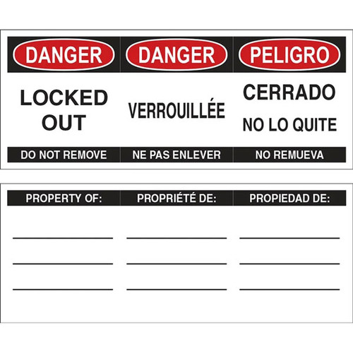 A photograph of red and black trilingual 07250 labels for safety plastic padlocks with a 1 3/4" body height.