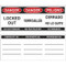 A photograph of red and black trilingual 07250 labels for safety plastic padlocks with a 1 3/4" body height.