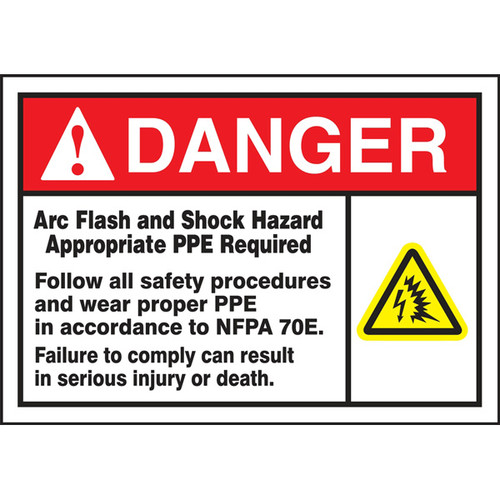 A photograph of a 07320 ansi danger arc flash and shock hazard labels and sign with  ansi shock icon.