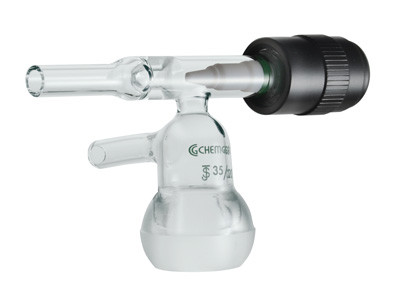 A photograph of a CG-1201-09 chromatography flow control adapter w/ 35/20 spherical joint.