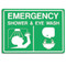 A photograph of a green and white 04031 emergency shower and eye wash sign with graphics.