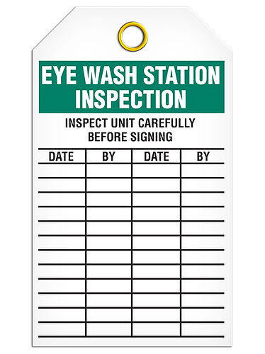 This safety tag reads "Eye Wash Station Inspection" in bold white text on a green background at the top. Beneath this are the instructions stating to "Inspect Unit Carefully Before Signing" in plain black text. Four columns are headed by the words "Date, By, Date, By" respectively.