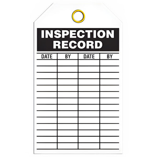An image of the front of a 04033 inspection record tag.  The header has the words "INSPECTION RECORD" in white on a black background followed by several columns and rows for the DATE (of inspection) and (inspected) BY. 
