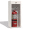 A photograph of a small 09341 jl classic series surface mounted galvanized extinguisher cabinets, with fire extinguisher installed.