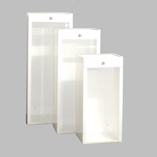 A photograph of three 09341 jl classic series surface mounted galvanized extinguisher cabinets, in small, medium, and large sizes.