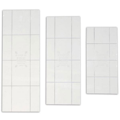 A photograph of three 09342 replacement breakable polystyrene panels for metal fire extinguisher cabinets in small, medium, and large sizes.