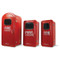 A photograph of three red 09347 firetech™ fiberglass fire extinguisher cabinets in small, medium, and large sizes.