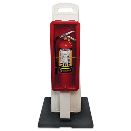 A photograph of a red 09349 portable fire extinguisher stands with cabinets for 10 lb and 20 lb extinguishers with fire extinguisher installed.