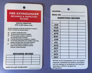 A photograph of front and back of double sided rigid plastic 09251 recharge and inspection fire extinguisher tags, with 10 per package.