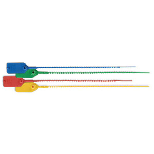 A photograph of four 09380 medium 9" flag fire extinguisher seals in red, green, yellow, and blue, with 100 per package.
