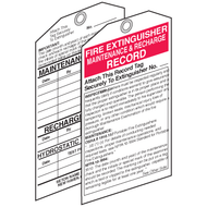 A photograph of both sides of a 09373 maintenance and recharge record fire extinguisher tag.