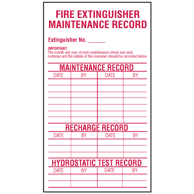 A photograph of a red and white 09376 fire extinguisher maintenance record labels, with 5 per package.