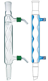 A composite image with a photograph of a CG-1206-HC Allihn condenser on the left and a diagram showing the water flow through the condenser on the right.
