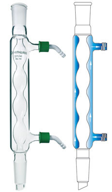 A composite image with a photograph of a CG-1206-HC Allihn condenser on the left and a diagram showing the water flow through the condenser on the right.