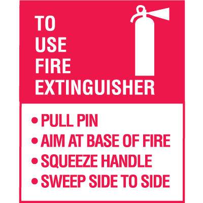A photograph of a red and white 09382 p.a.s.s. fire extinguisher decal, with 5 per package.