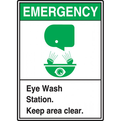 A photograph of a green and white 09391 emergency eye wash station ansi sign with graphics.