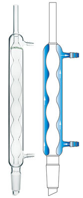 A composite image with a photograph of a CG-1207 Allihn condenser on the left and a diagram showing the water flow through the condenser on the right.