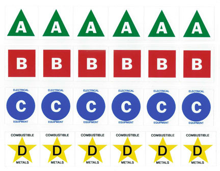 A photograph of a 09396 fire extinguisher class A, B, C, and D letter/symbol labels, with 1.5" x 1.5"  and 3" x 3" sizes.