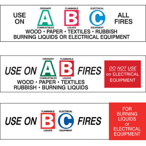 A photograph of a 09397 A, B, and C fire extinguisher class lettered labels, with 6 per package.