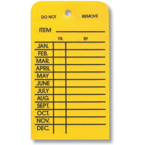 A photograph of a yellow plastic 09401 one sided 12 month outdoor inspection tag, with 10 per package.