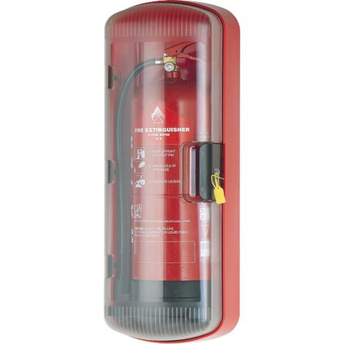 A photograph of a FireTech FT101 All-Weather Extinguisher Cabinet in the closed position with a fire extinguisher inside and seal on the door (seals and extinguisher sold separately).