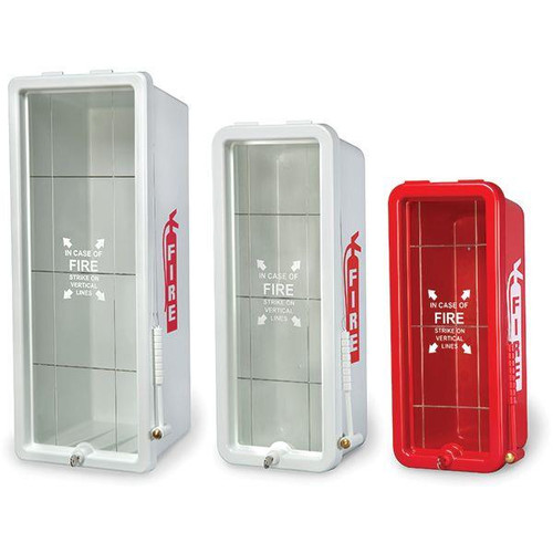 A photograph of three 09410 firetech extinguisher cabinets for 5, 10 and 20 lb extinguishers.