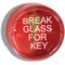 A photograph of a red 09432 two piece emergency key box with 4" diameter breakable front window reading break glass for key.