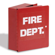 A photograph of front of a red 09434 metal fire department lock box.