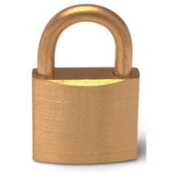 A photograph of a 09435 keyed-alike mini brass padlock.